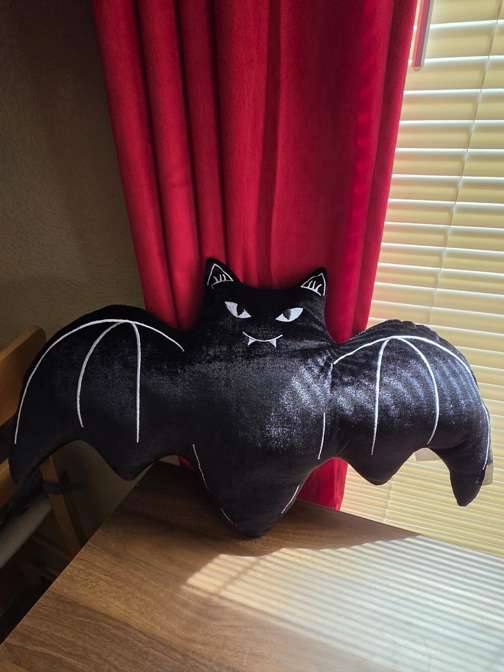 Black Bat Shaped Plush Pillow with Embroidered White Accents